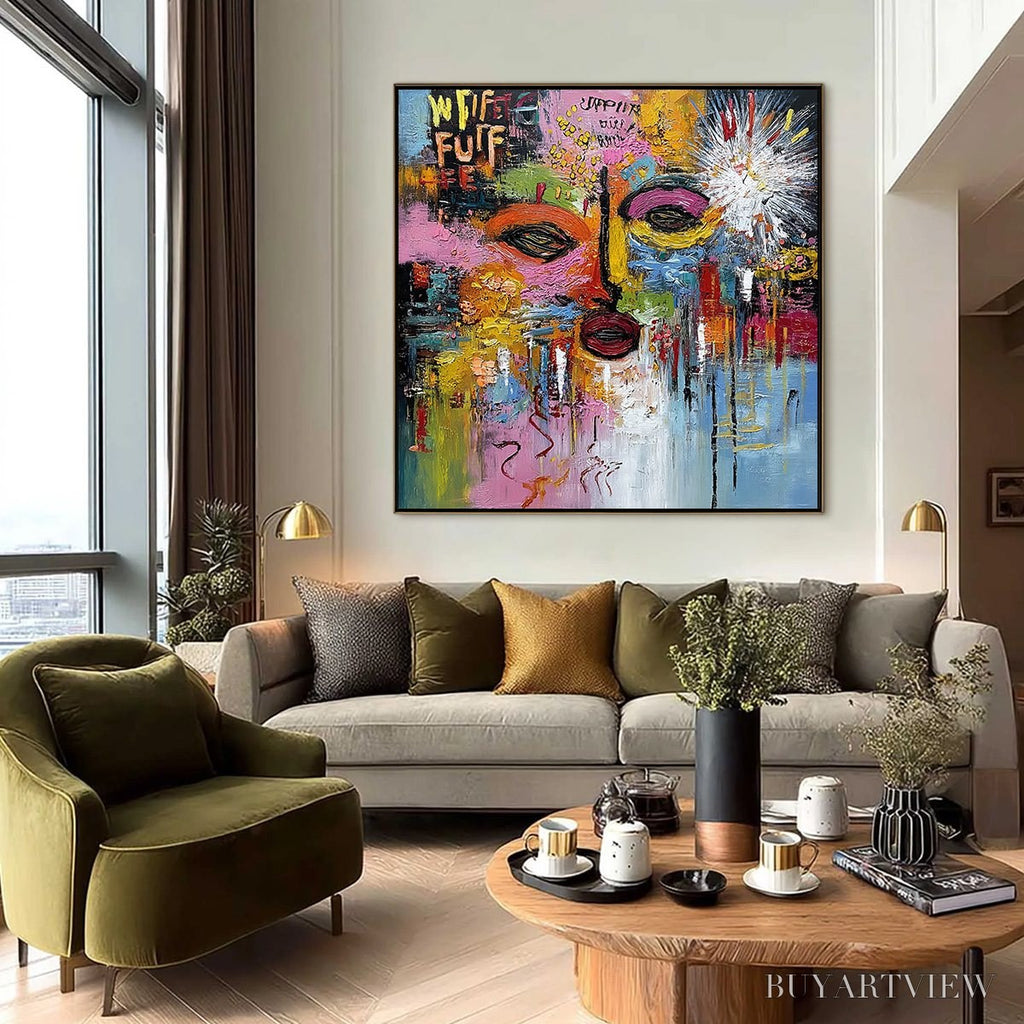 ARTOVITAS Static Reverie – Colorful Abstract Face Impasto Palette Knife Painting - image 2
