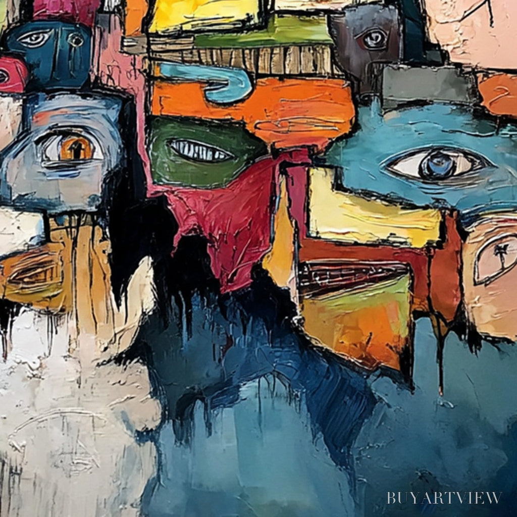 ARTOVITAS Kaleidoscope of Souls – Large Colorful Abstract Faces Oil Painting - image 3