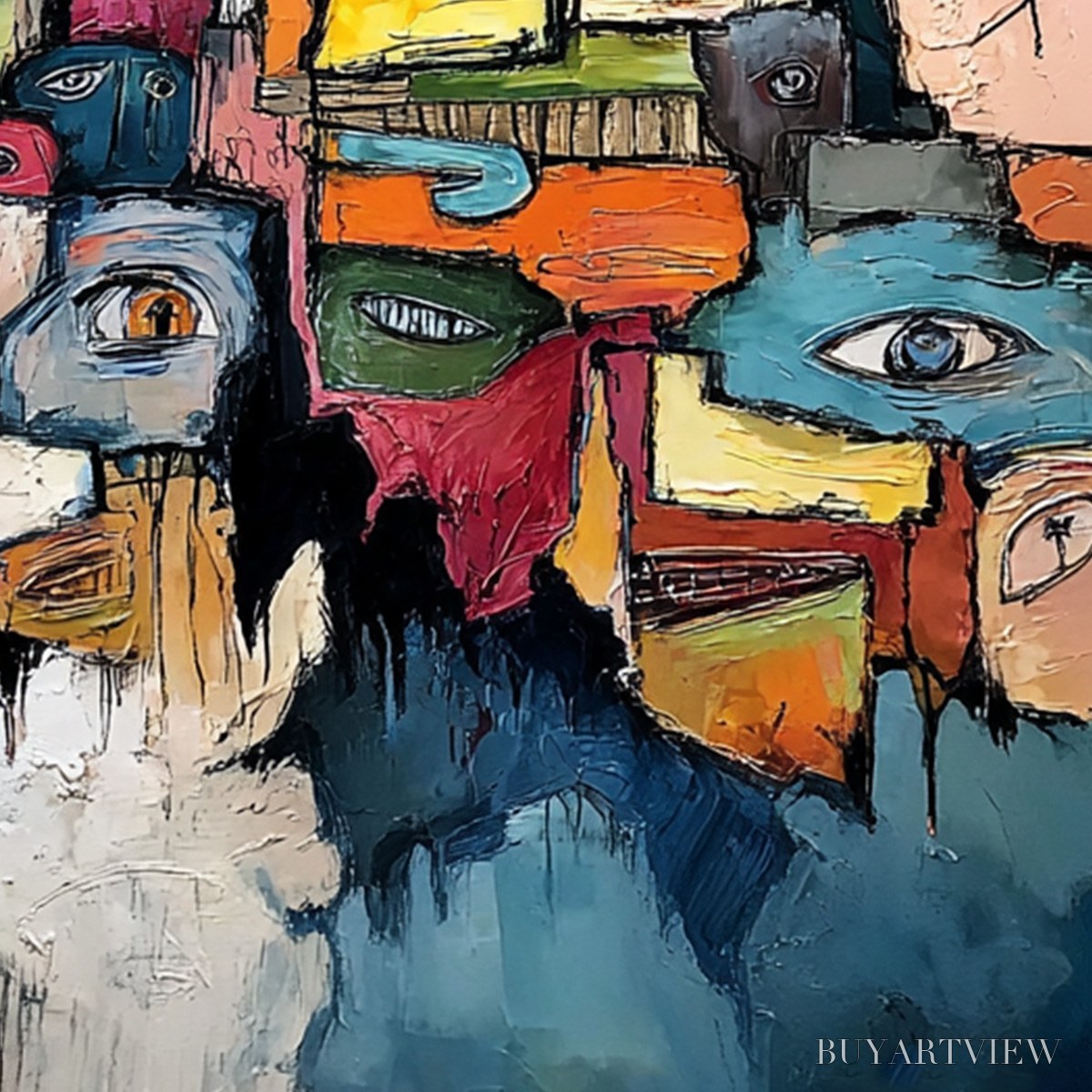 ARTOVITAS Kaleidoscope of Souls – Large Colorful Abstract Faces Oil Painting - image 3