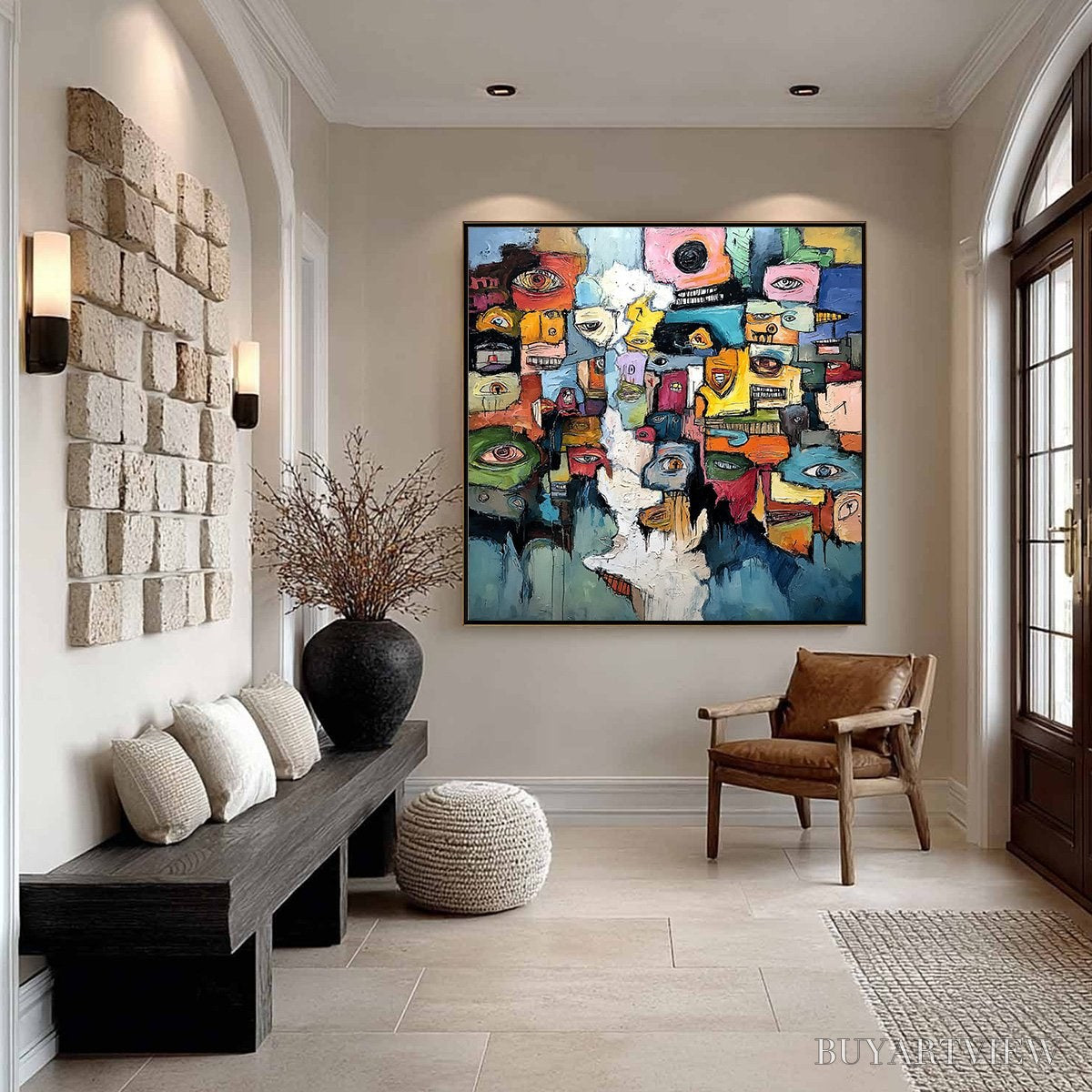 ARTOVITAS Kaleidoscope of Souls – Large Colorful Abstract Faces Oil Painting - image 4