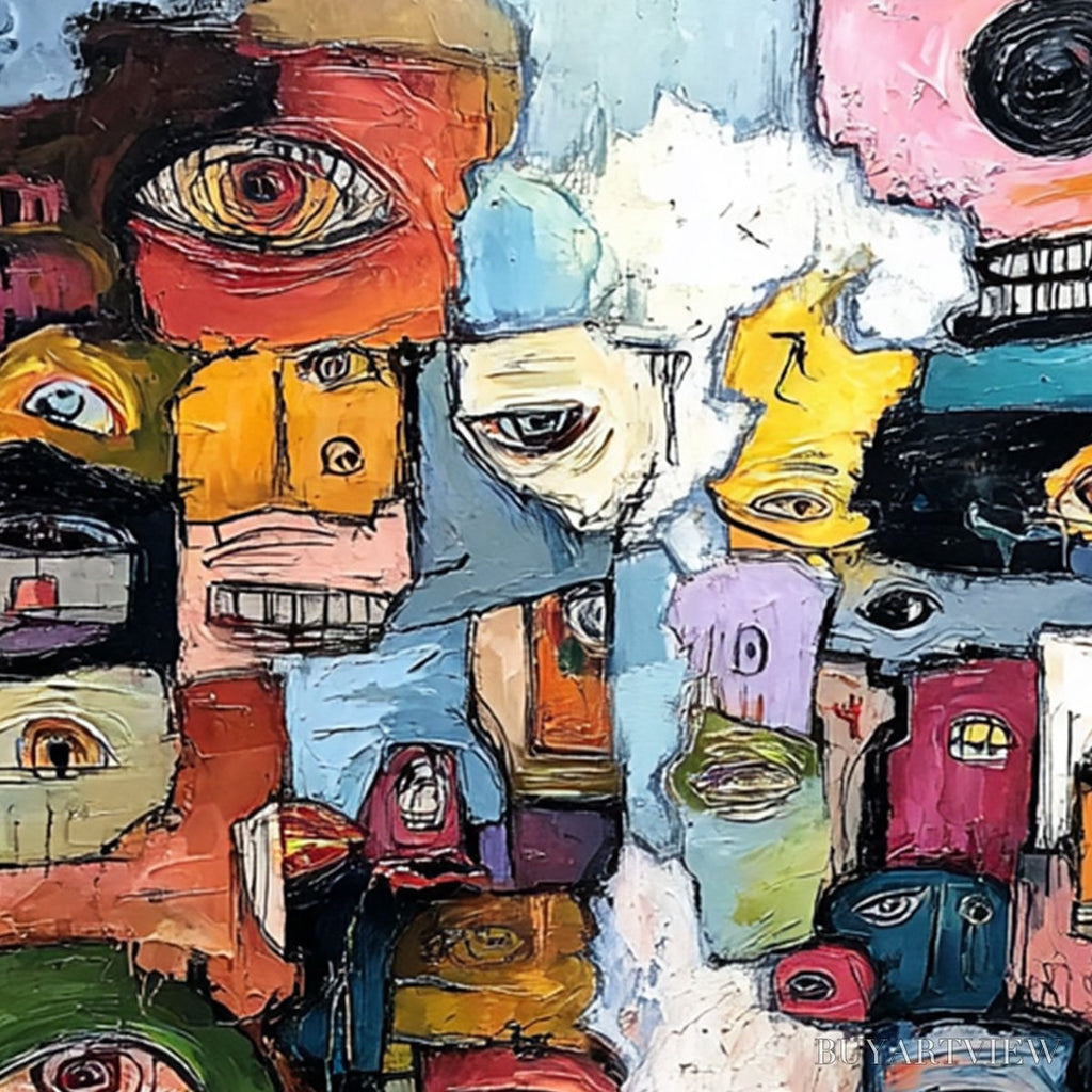 ARTOVITAS Kaleidoscope of Souls – Large Colorful Abstract Faces Oil Painting - image 5