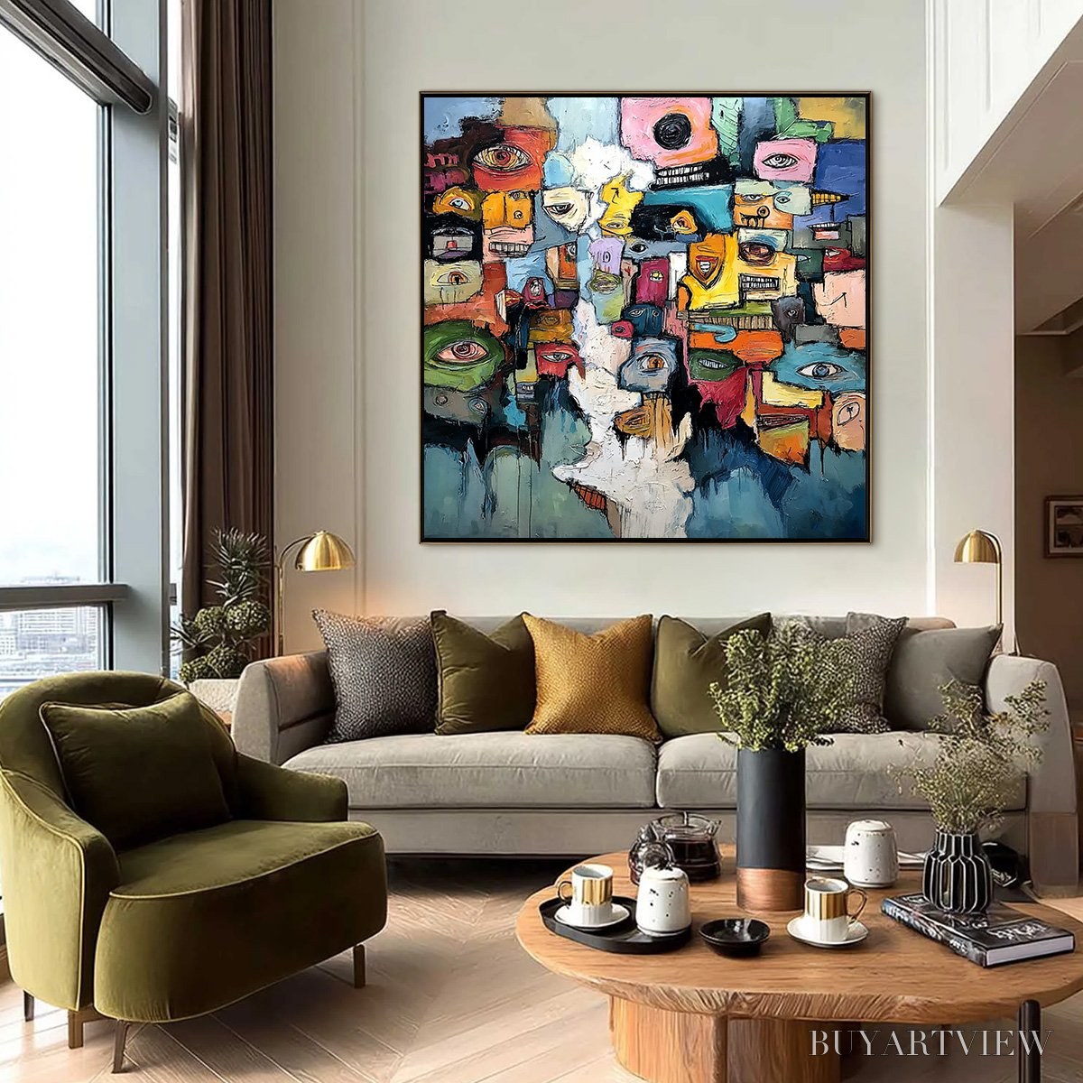 ARTOVITAS Kaleidoscope of Souls – Large Colorful Abstract Faces Oil Painting - image 6