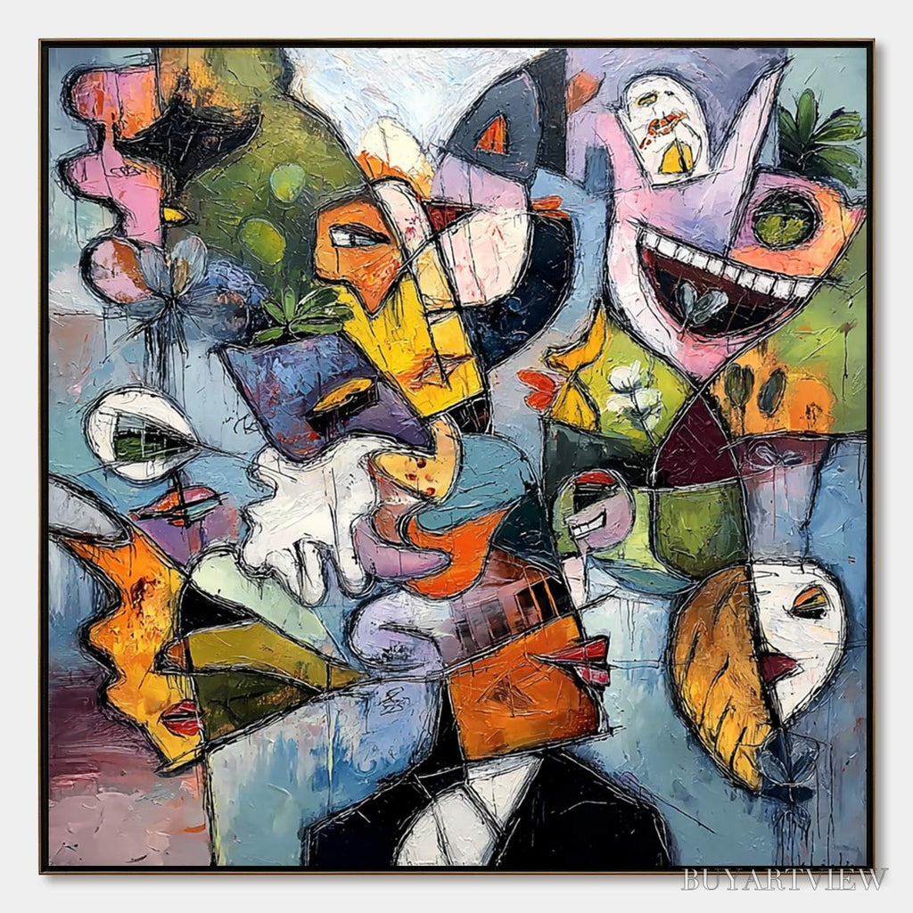 ARTOVITAS Carnival of Souls – Large Colorful Abstract Faces Oil Painting - image 1