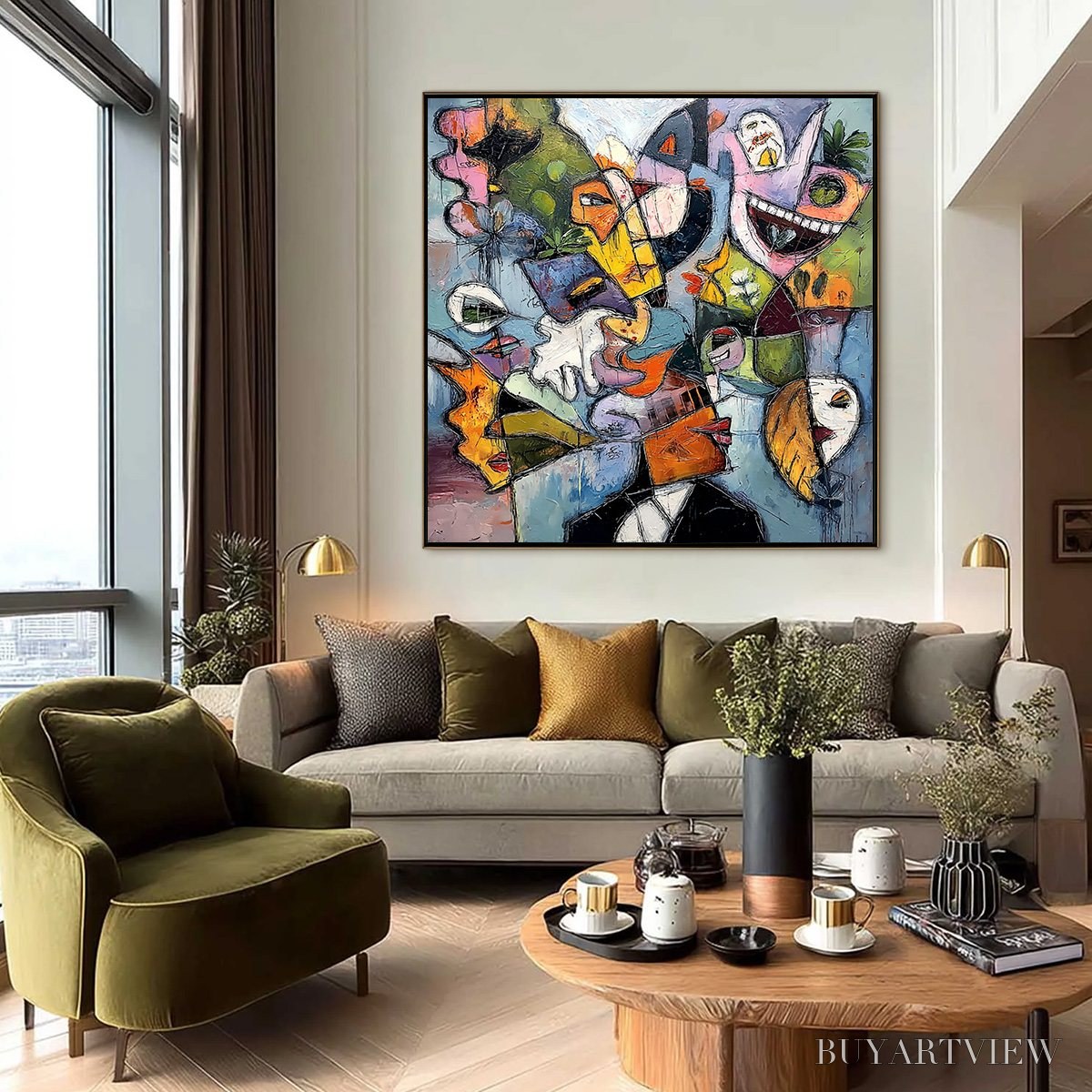 ARTOVITAS Carnival of Souls – Large Colorful Abstract Faces Oil Painting - image 2