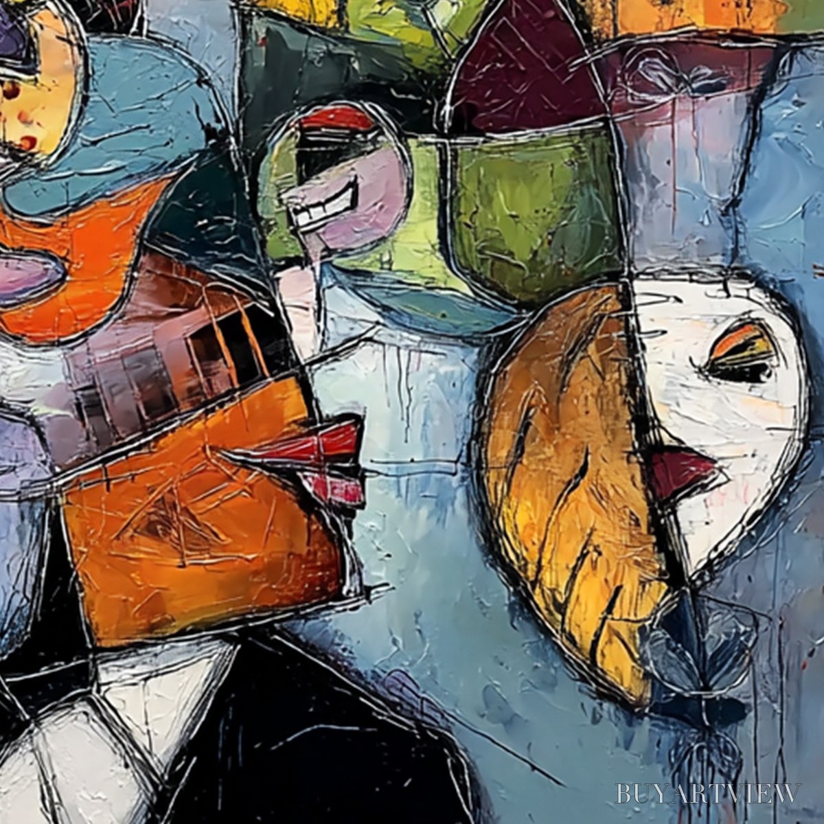 ARTOVITAS Carnival of Souls – Large Colorful Abstract Faces Oil Painting - image 3