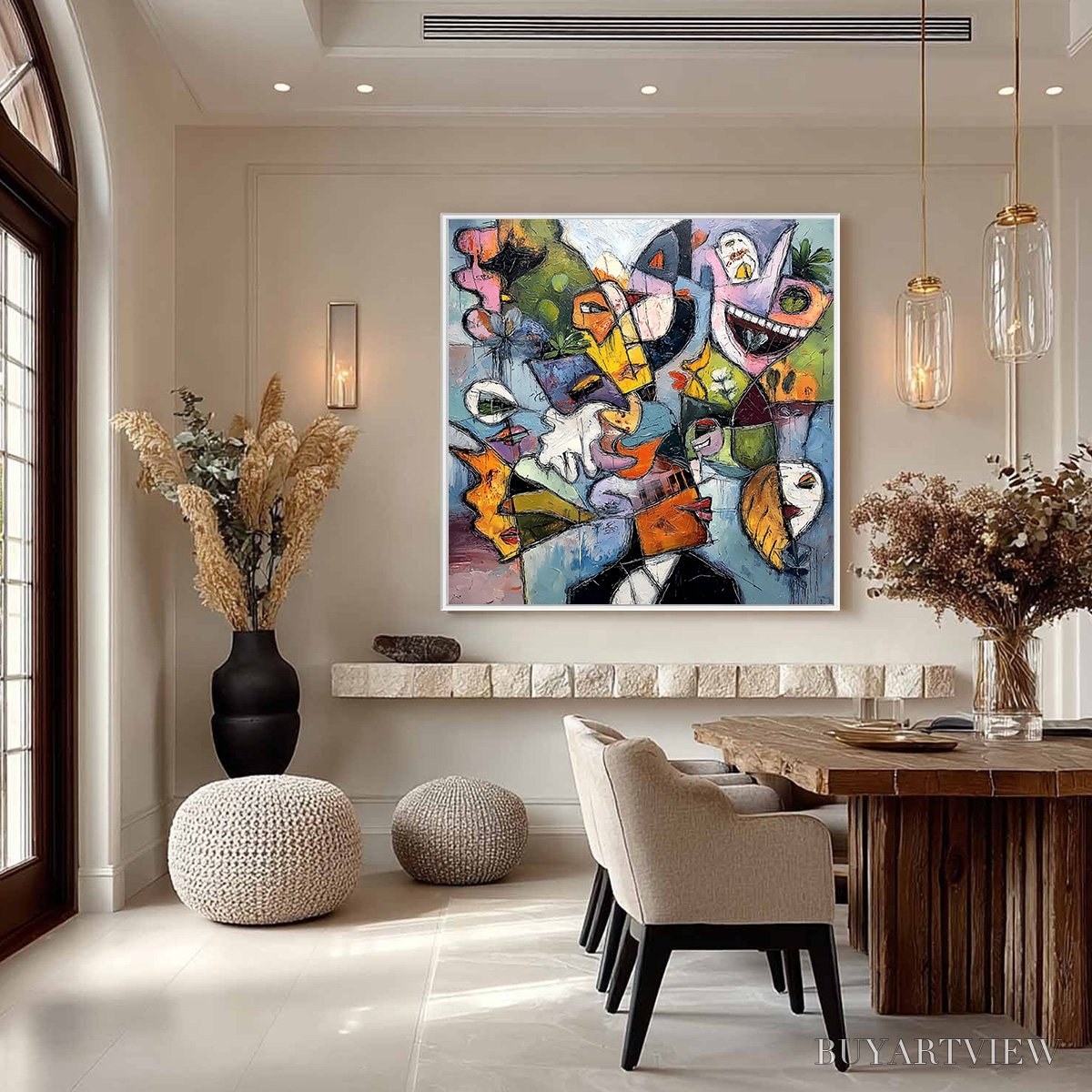 ARTOVITAS Carnival of Souls – Large Colorful Abstract Faces Oil Painting - image 4