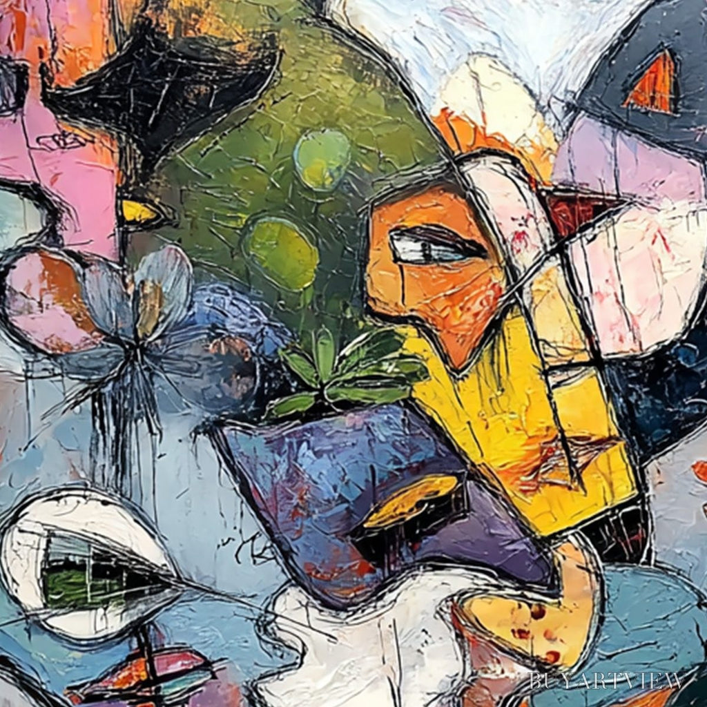 ARTOVITAS Carnival of Souls – Large Colorful Abstract Faces Oil Painting - image 5