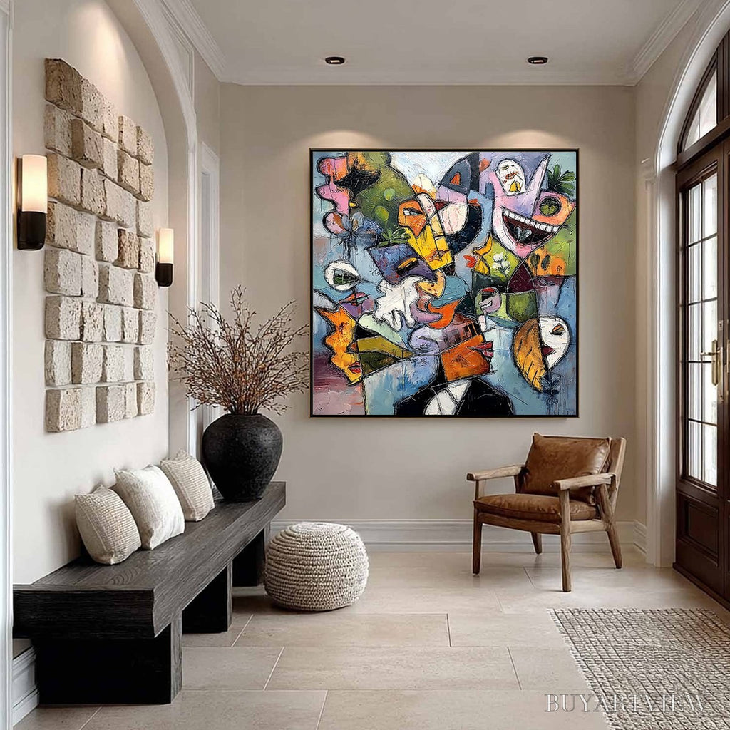 ARTOVITAS Carnival of Souls – Large Colorful Abstract Faces Oil Painting - image 6