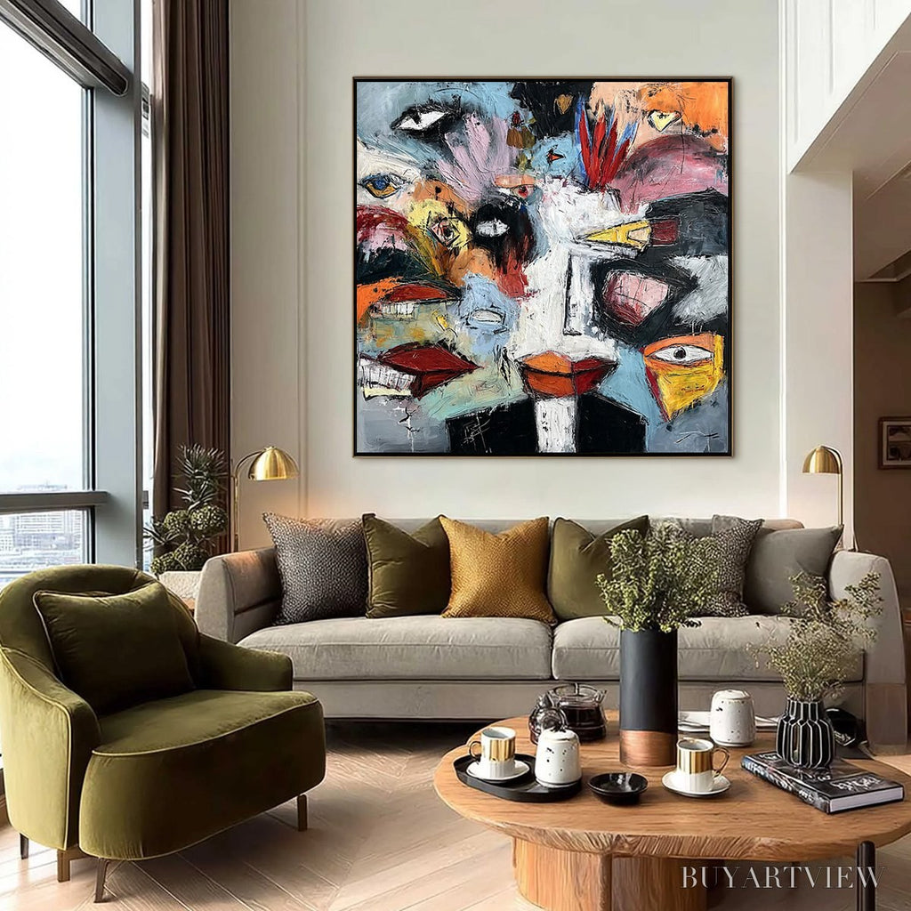 ARTOVITAS Voices in the Room – Bold Square Abstract Impasto Portrait Painting - image 2