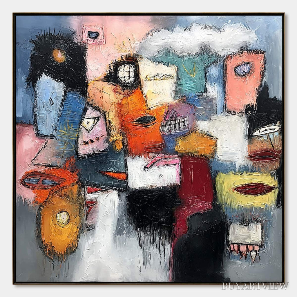 ARTOVITAS the Gathering – Large Colorful Square Abstract Impasto - image 1