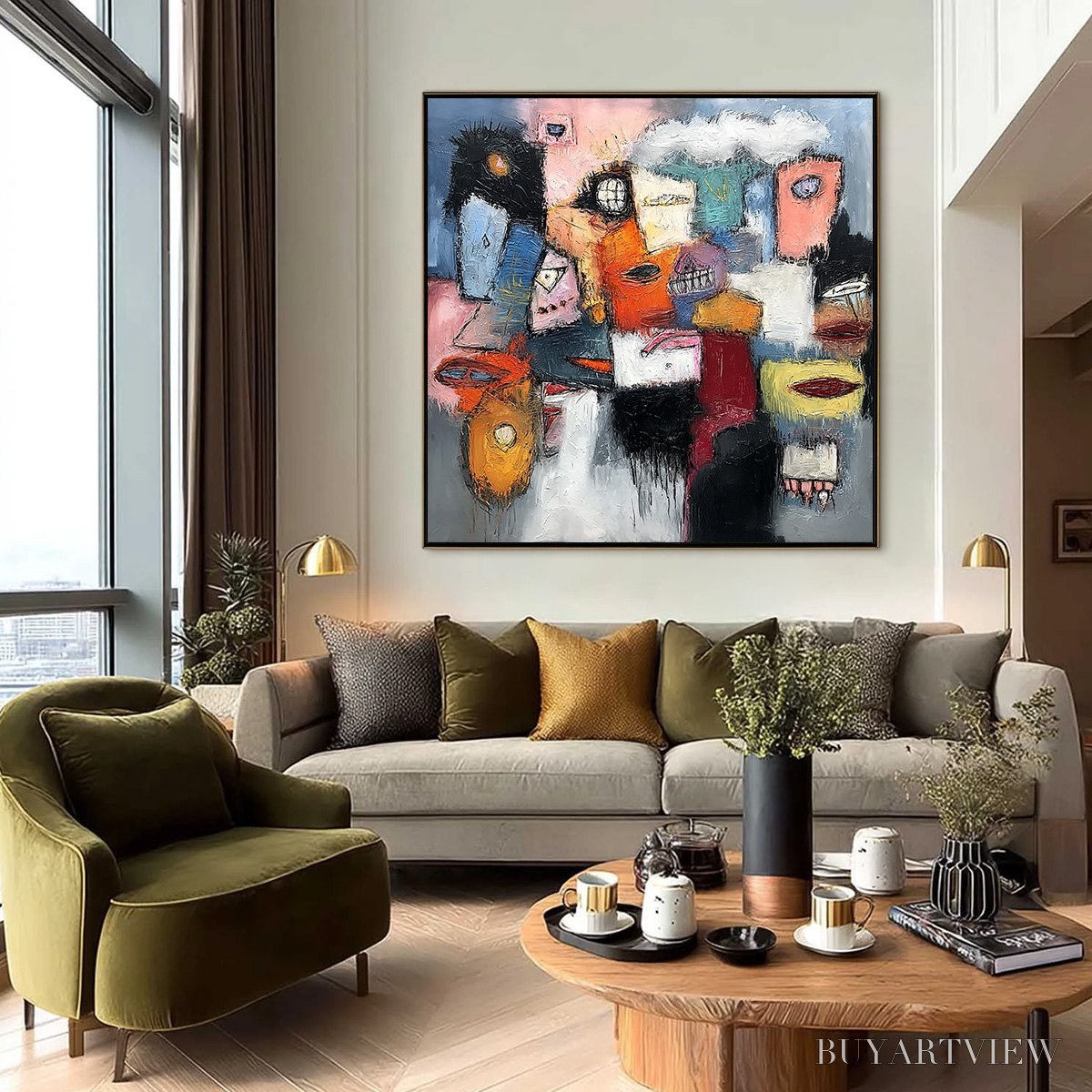 ARTOVITAS the Gathering – Large Colorful Square Abstract Impasto - image 2