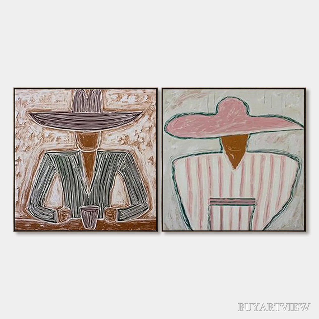 ARTOVITAS Sombrero Duet – Textured Figurative Portrait Diptych - image 1