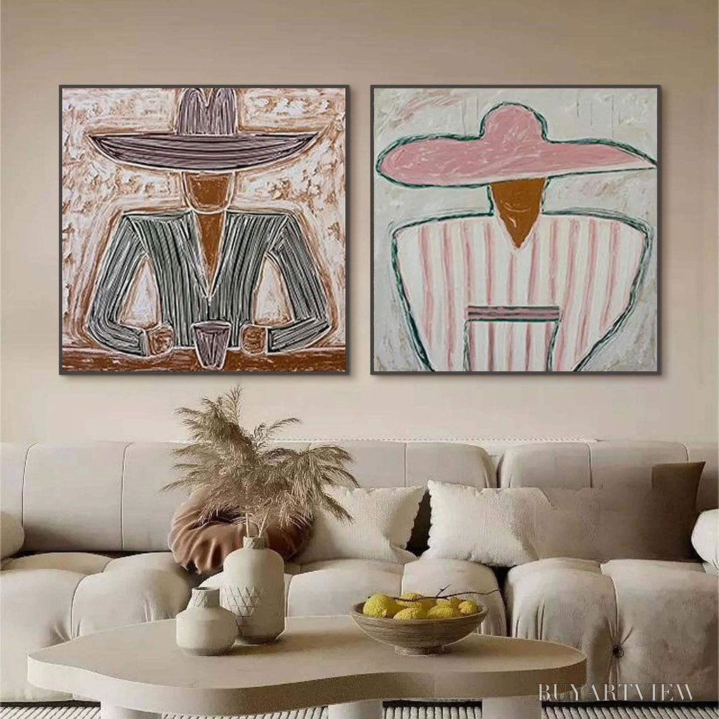 ARTOVITAS Sombrero Duet – Textured Figurative Portrait Diptych - image 2