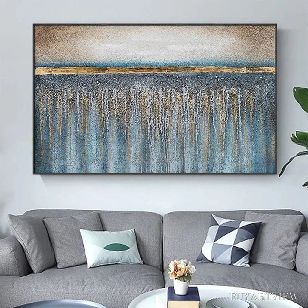ARTOVITAS Golden Horizon – Panoramic Abstract Oil Painting with Gold and Blue - image 2