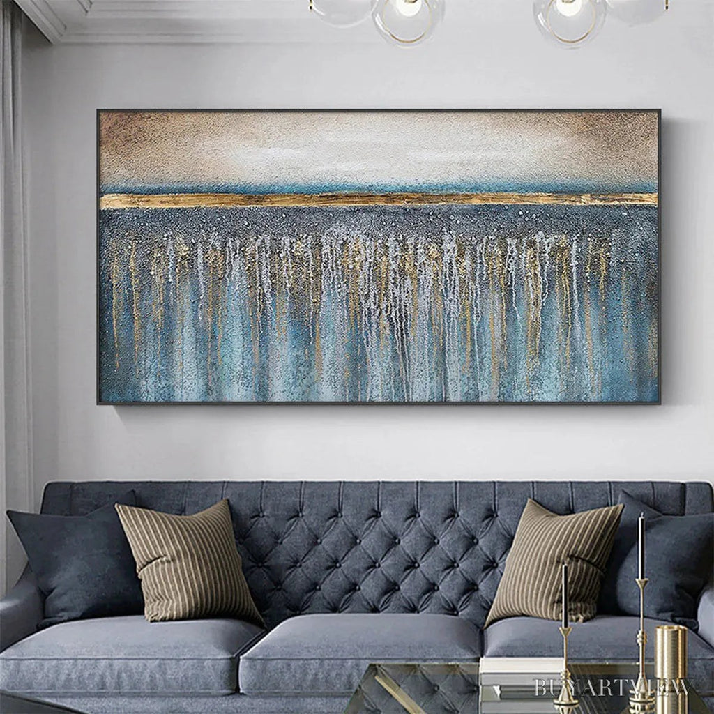 ARTOVITAS Golden Horizon – Panoramic Abstract Oil Painting with Gold and Blue - image 4