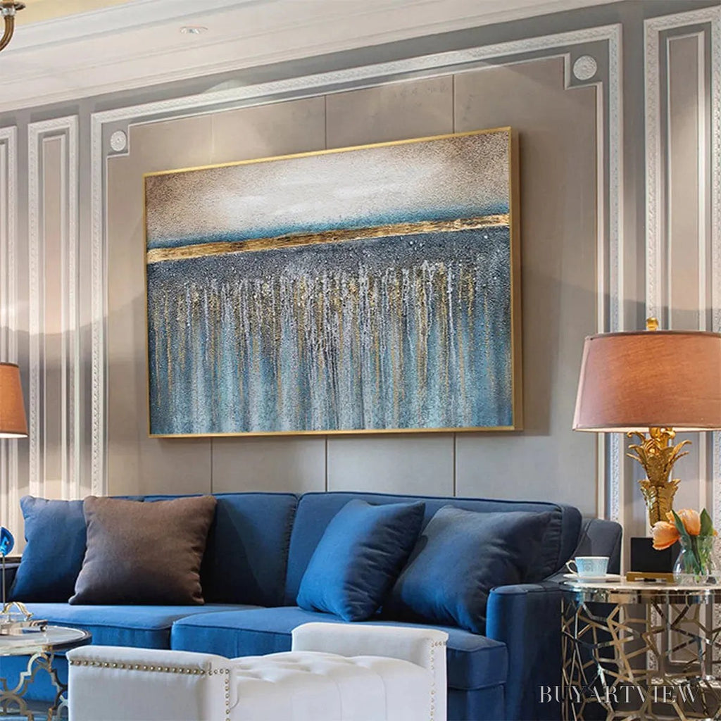 ARTOVITAS Golden Horizon – Panoramic Abstract Oil Painting with Gold and Blue - image 5