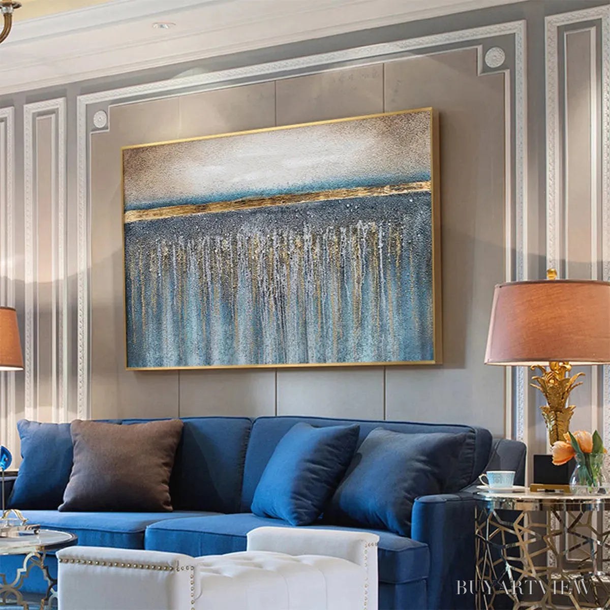 ARTOVITAS Golden Horizon – Panoramic Abstract Oil Painting with Gold and Blue - image 5