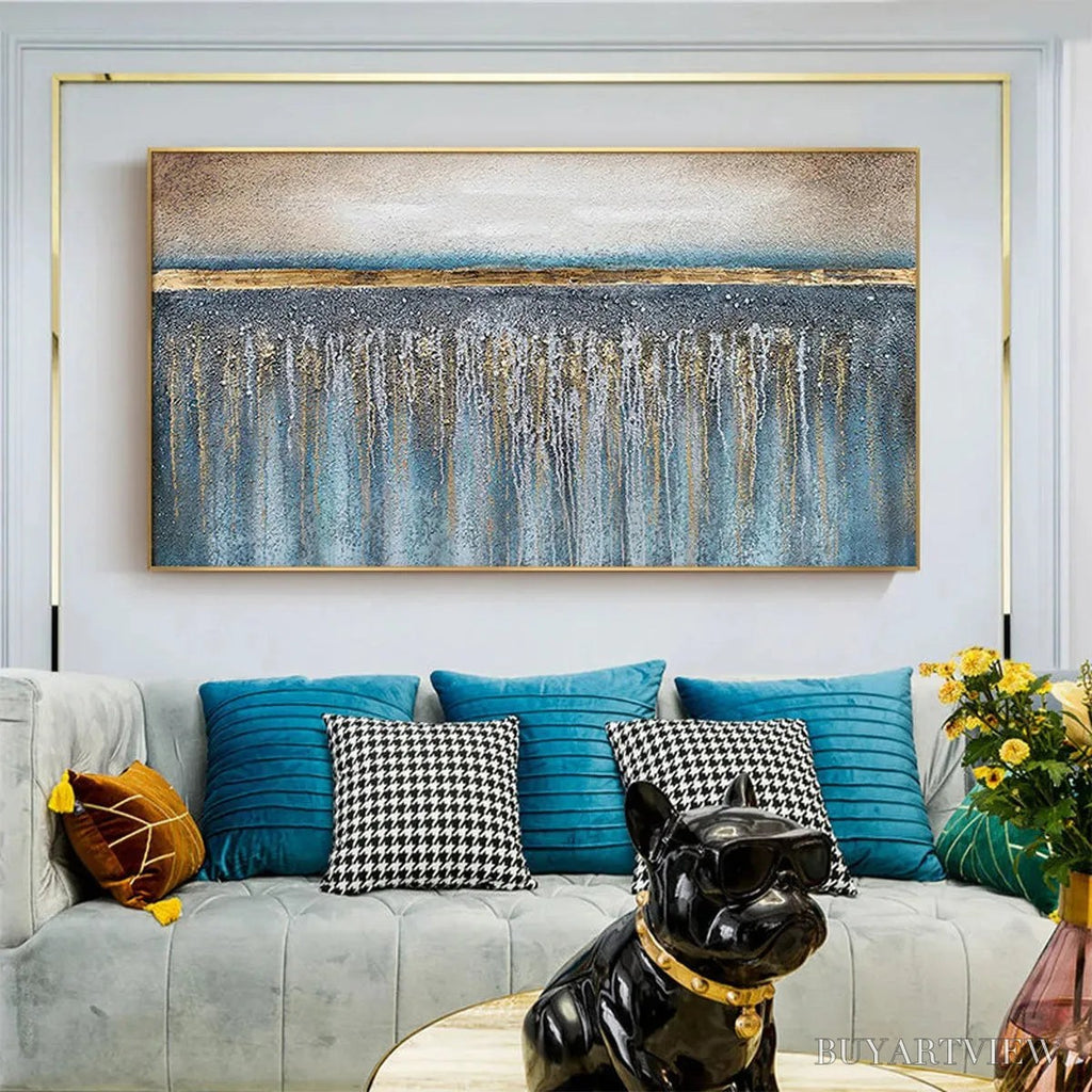 ARTOVITAS Golden Horizon – Panoramic Abstract Oil Painting with Gold and Blue - image 6