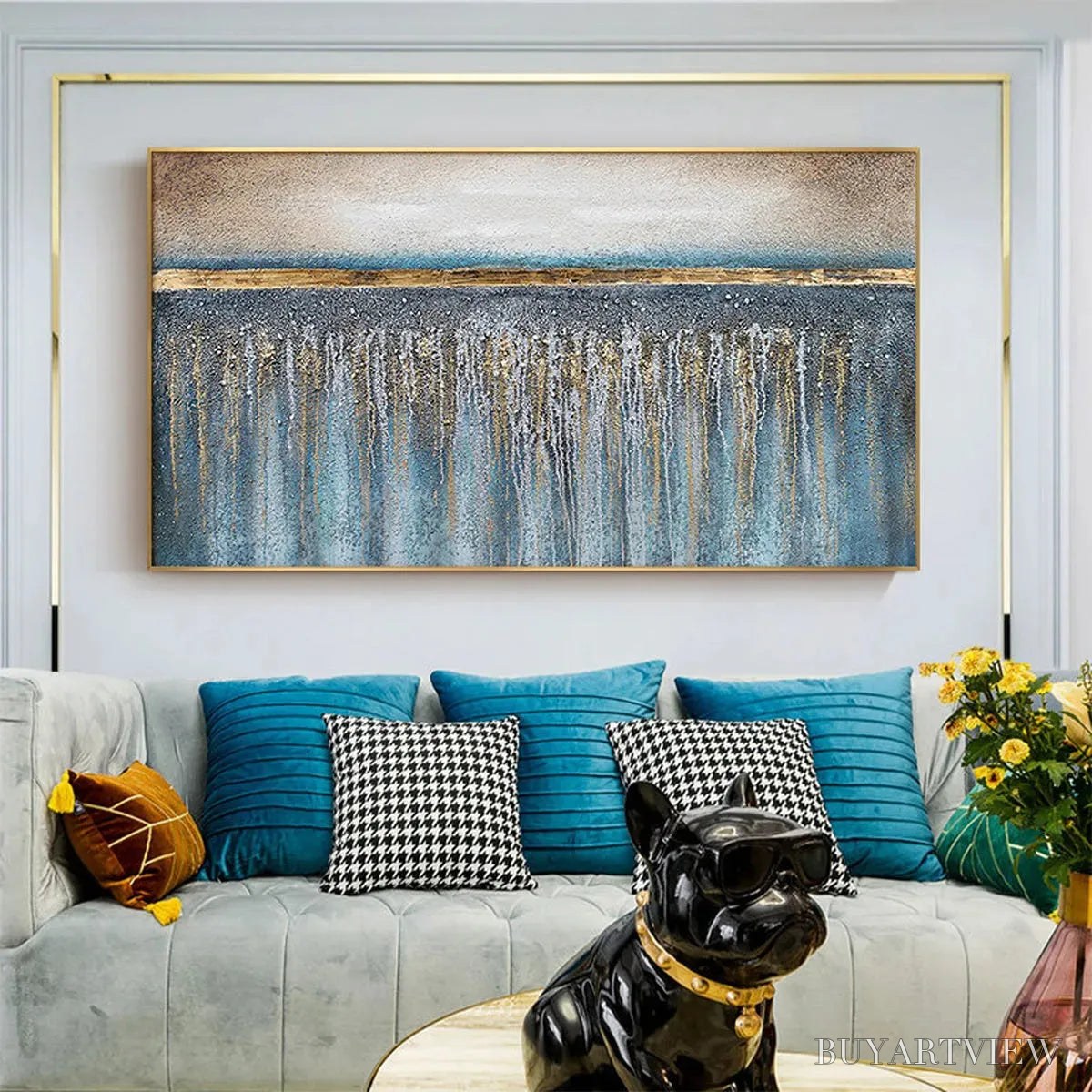 ARTOVITAS Golden Horizon – Panoramic Abstract Oil Painting with Gold and Blue - image 6