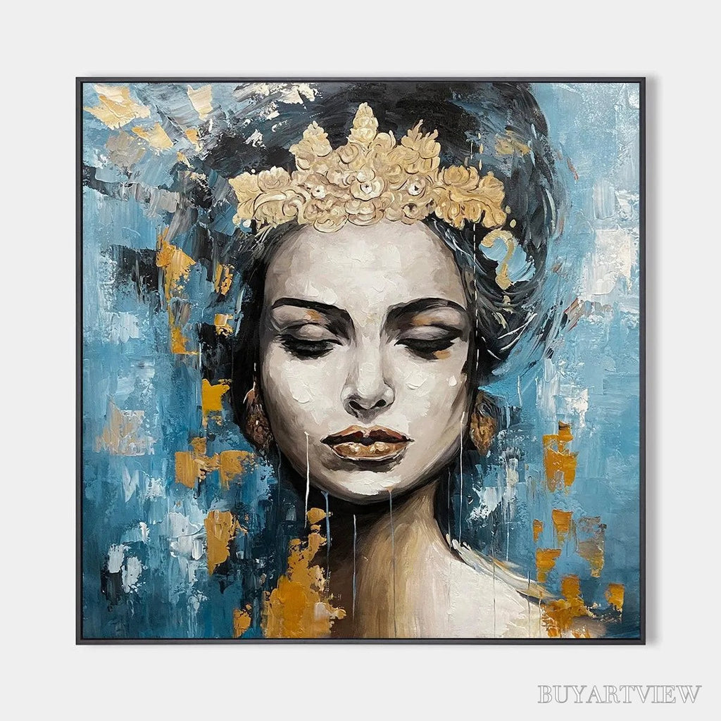 ARTOVITAS Golden Muse – Portrait Painting in Blue and Gold, Square Canvas, Modern Figurative - image 1