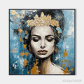 ARTOVITAS Golden Muse – Portrait Painting in Blue and Gold, Square Canvas, Modern Figurative - image 1