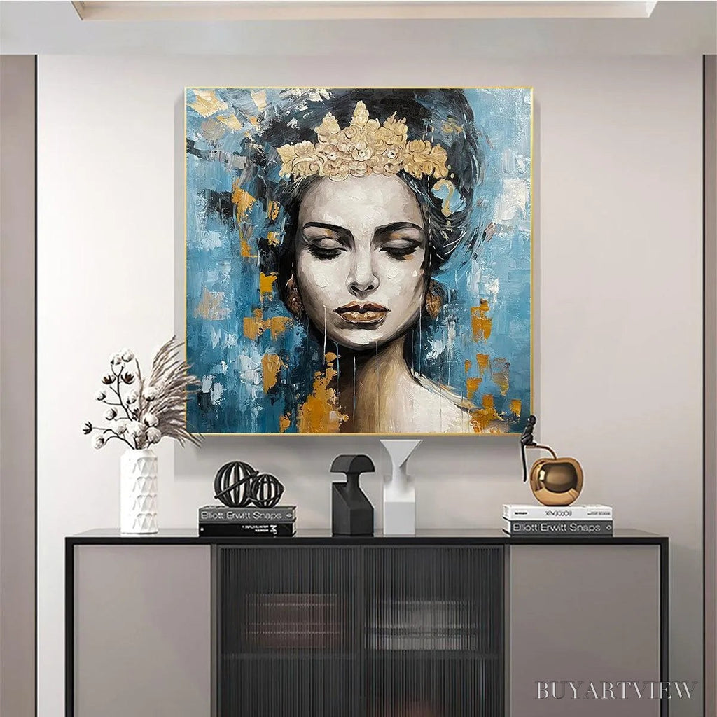 ARTOVITAS Golden Muse – Portrait Painting in Blue and Gold, Square Canvas, Modern Figurative - image 2