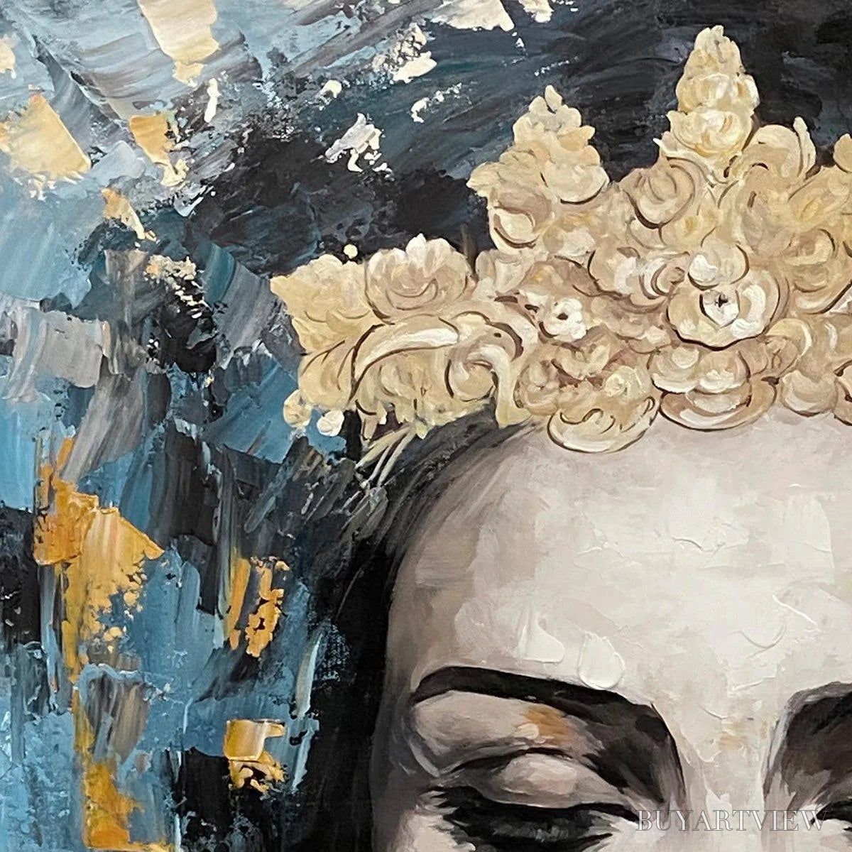 ARTOVITAS Golden Muse – Portrait Painting in Blue and Gold, Square Canvas, Modern Figurative - image 3