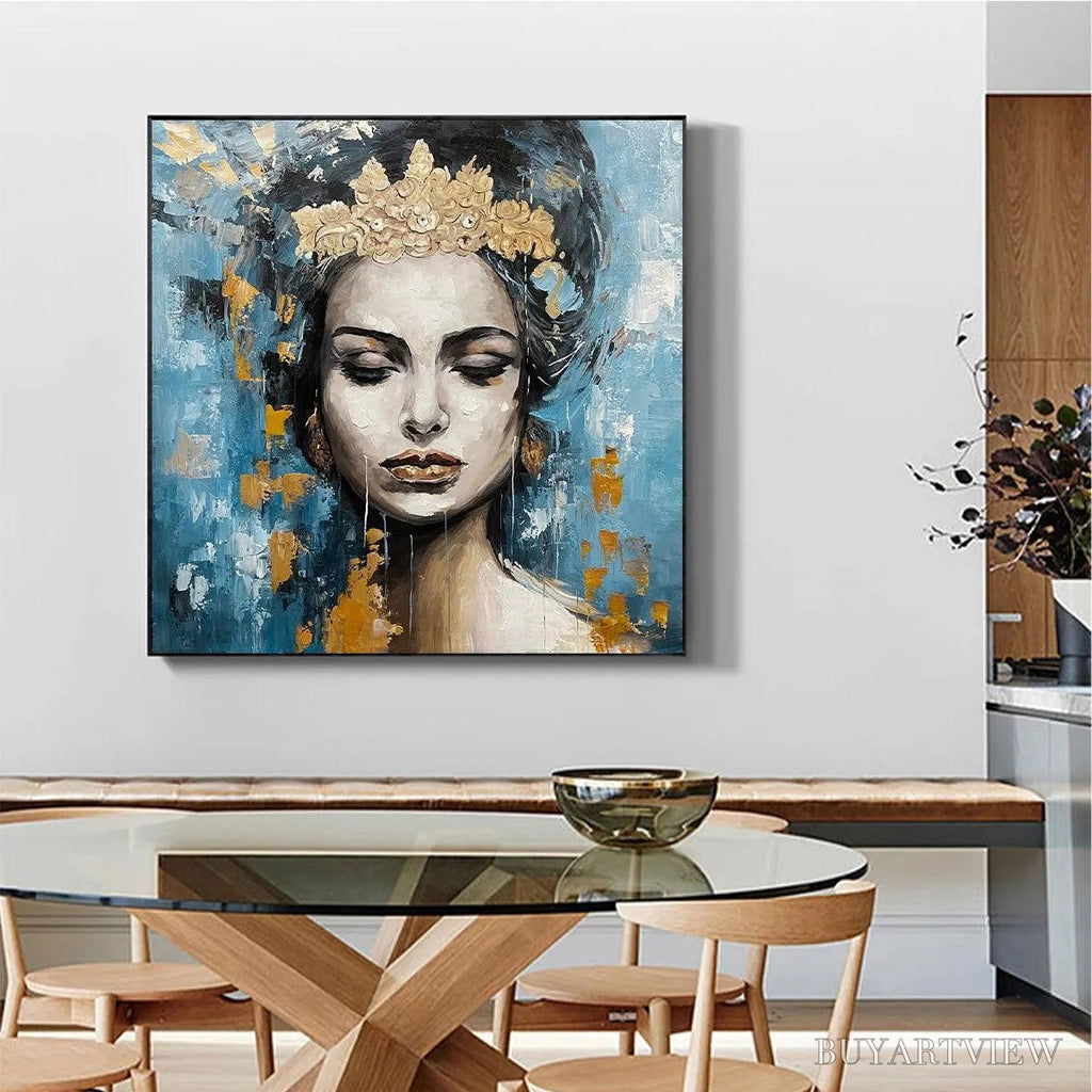 ARTOVITAS Golden Muse – Portrait Painting in Blue and Gold, Square Canvas, Modern Figurative - image 4