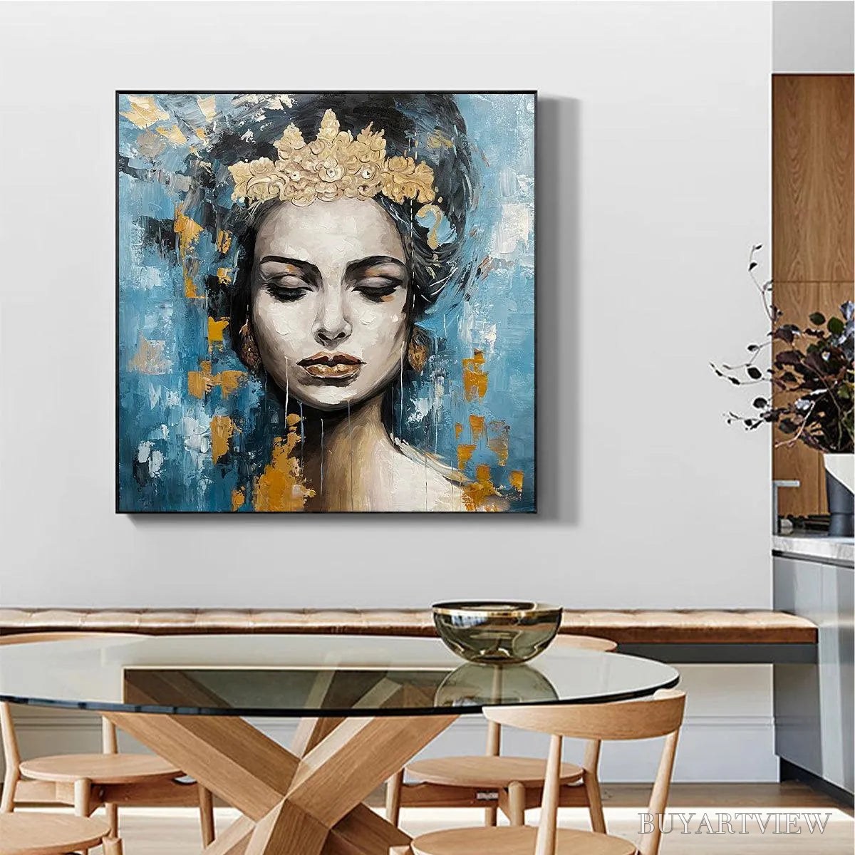 ARTOVITAS Golden Muse – Portrait Painting in Blue and Gold, Square Canvas, Modern Figurative - image 4