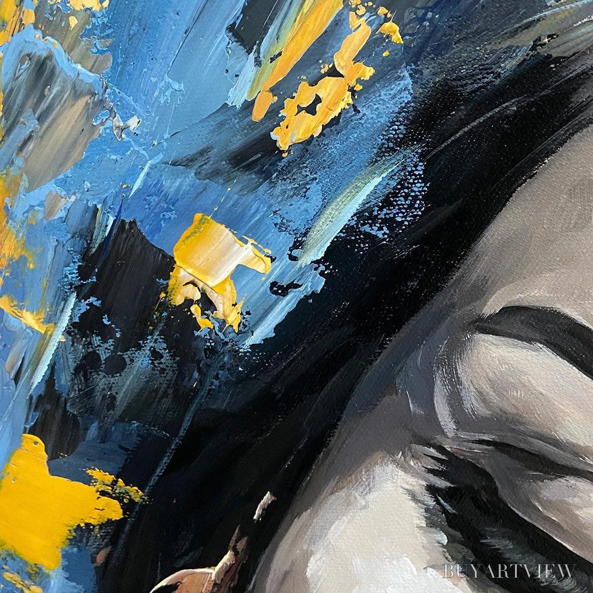 ARTOVITAS Golden Muse – Portrait Painting in Blue and Gold, Square Canvas, Modern Figurative - image 5