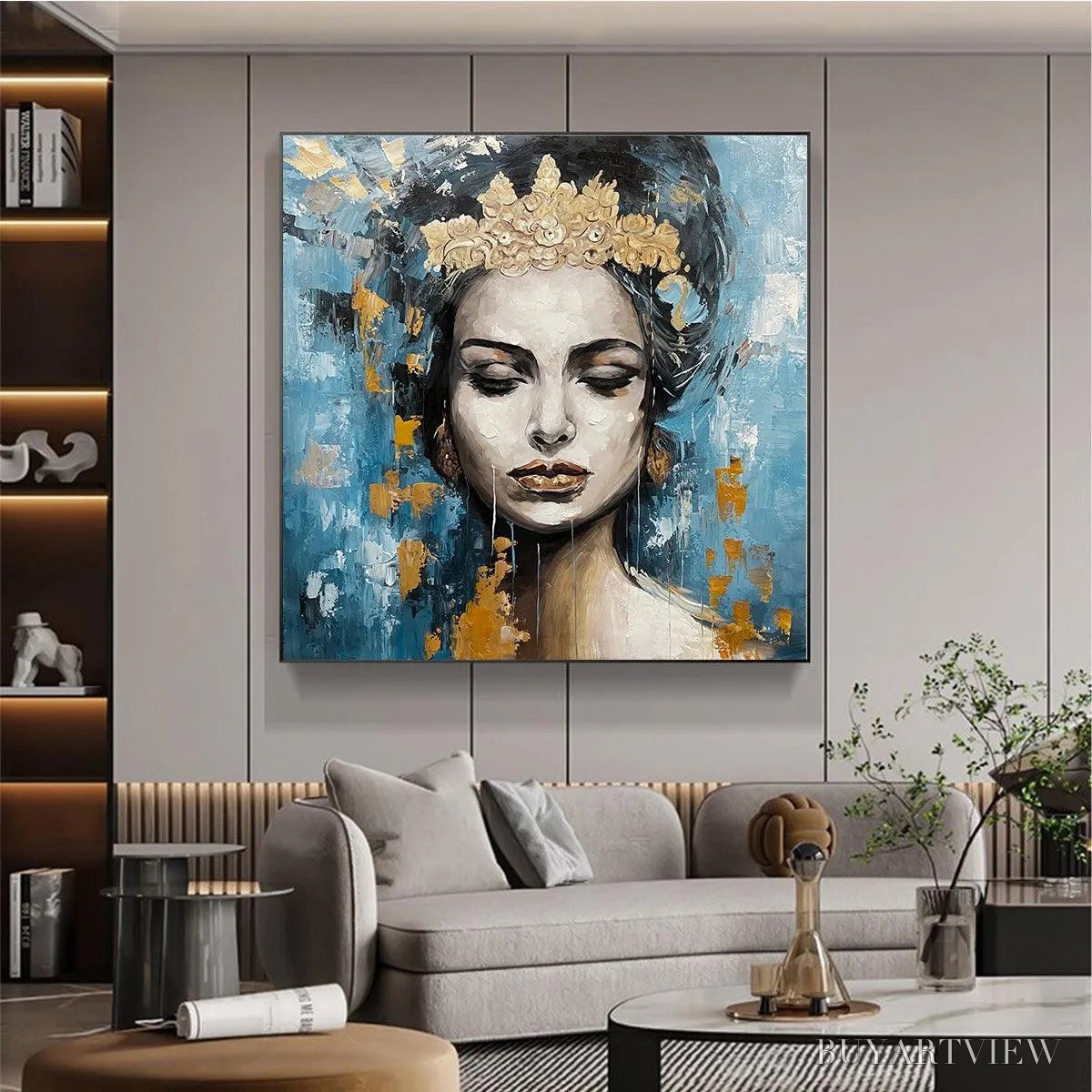 ARTOVITAS Golden Muse – Portrait Painting in Blue and Gold, Square Canvas, Modern Figurative - image 6