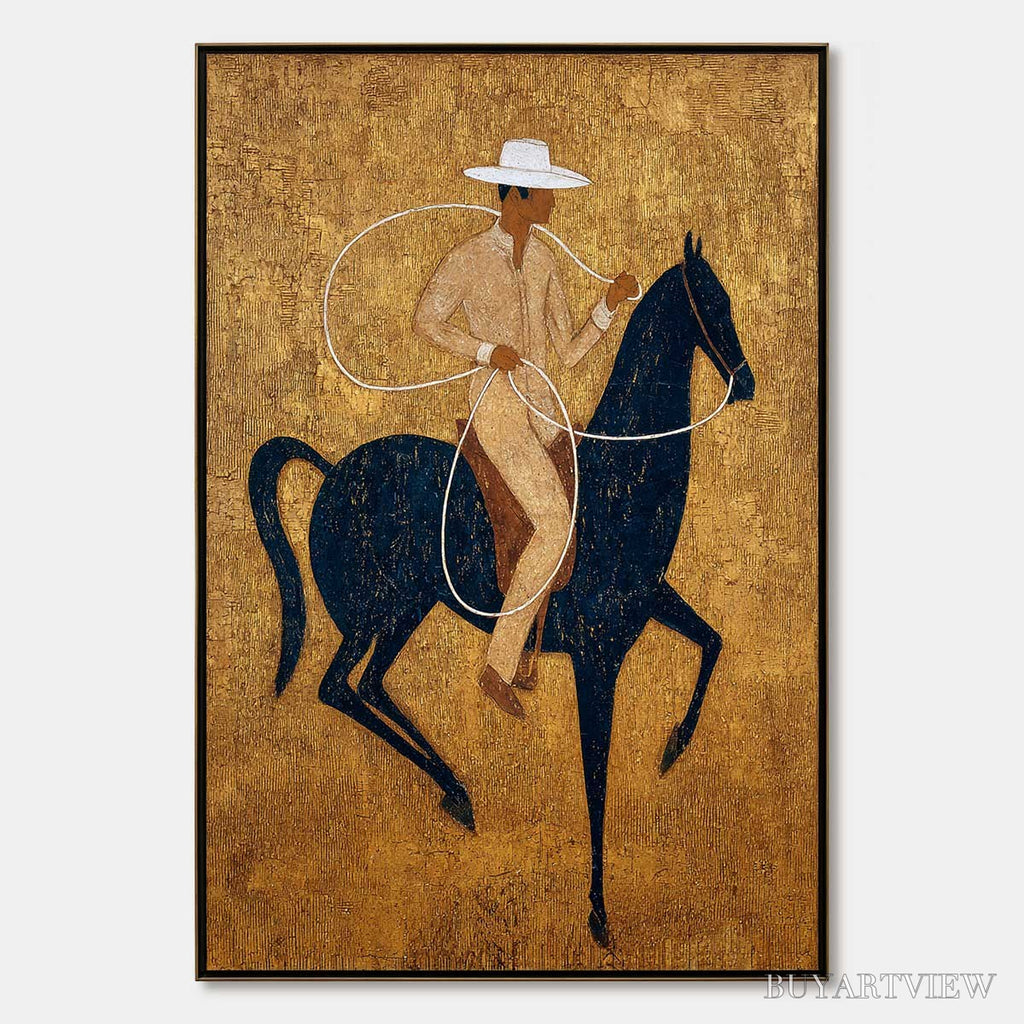 ARTOVITAS Golden Lasso – Textured Wabi Sabi Painting of a Horseman - image 1