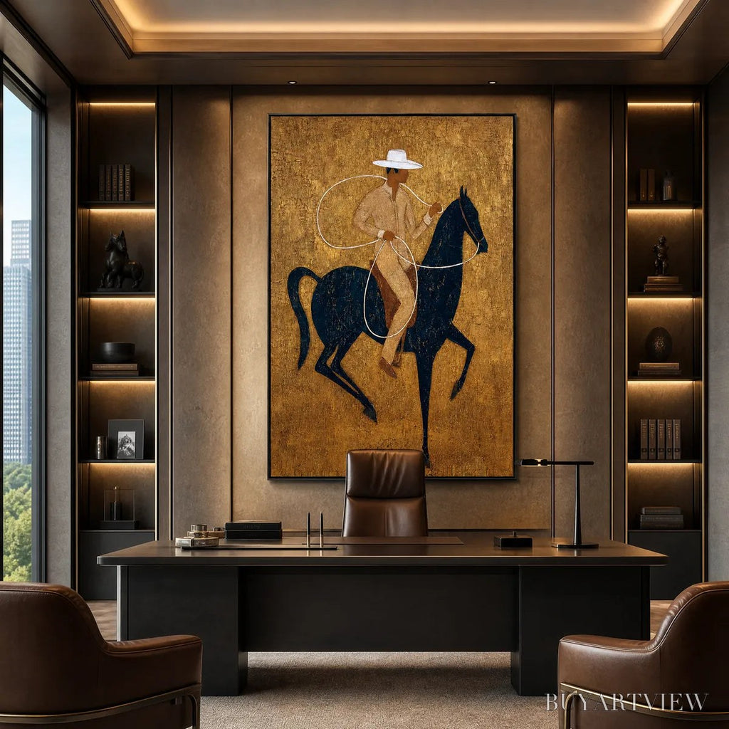 ARTOVITAS Golden Lasso – Textured Wabi Sabi Painting of a Horseman - image 2