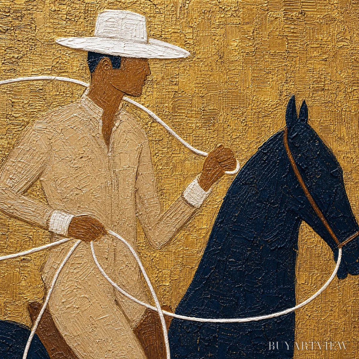 ARTOVITAS Golden Lasso – Textured Wabi Sabi Painting of a Horseman - image 3