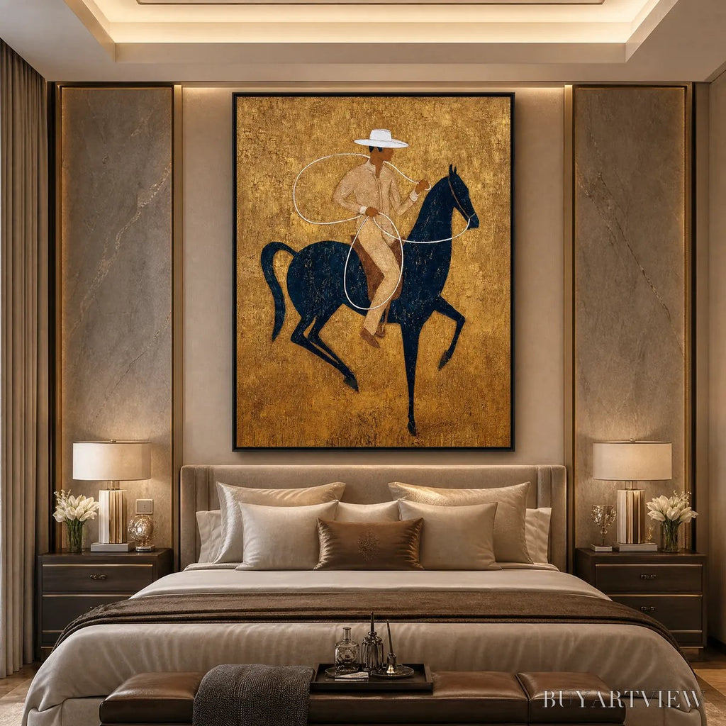 ARTOVITAS Golden Lasso – Textured Wabi Sabi Painting of a Horseman - image 4