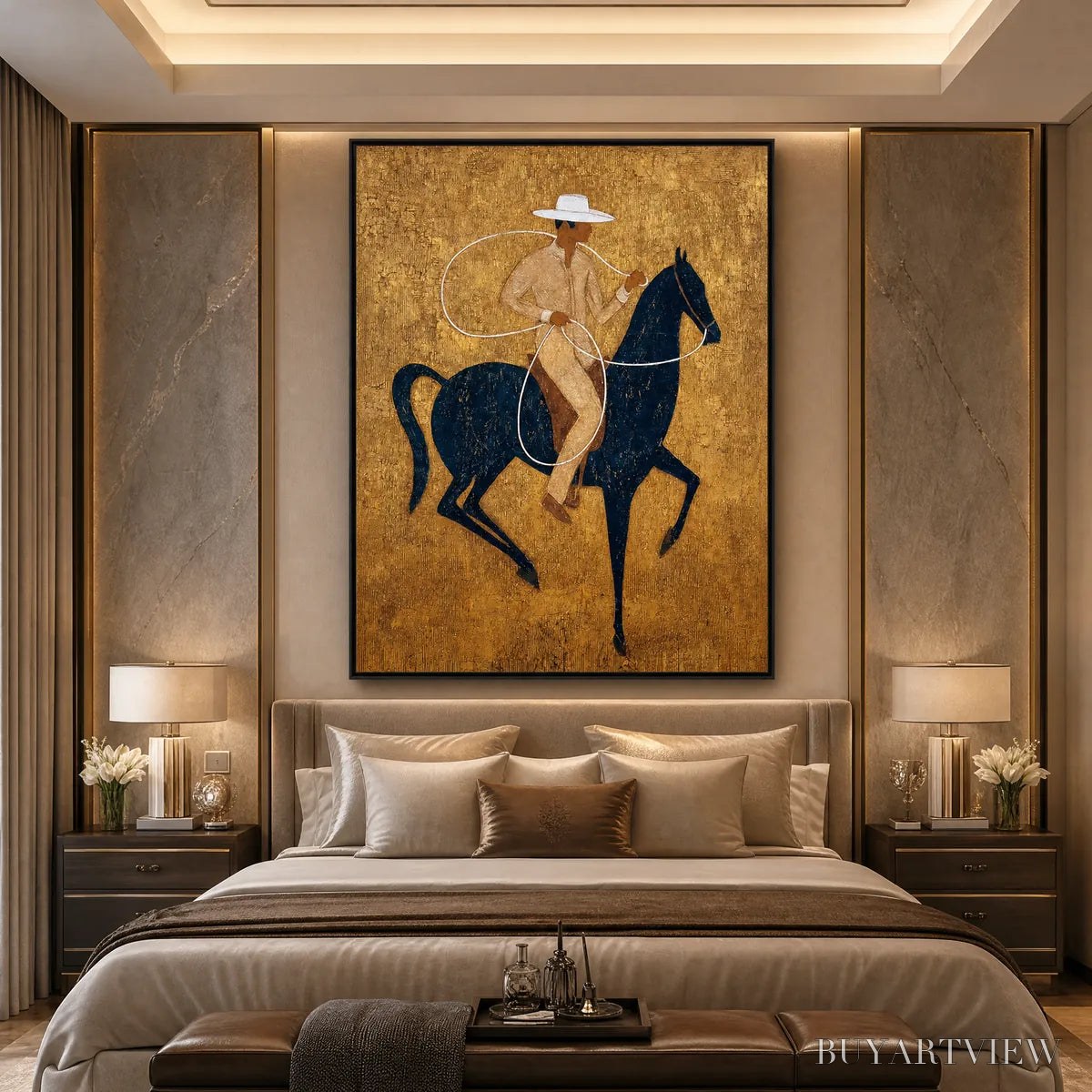 ARTOVITAS Golden Lasso – Textured Wabi Sabi Painting of a Horseman - image 4