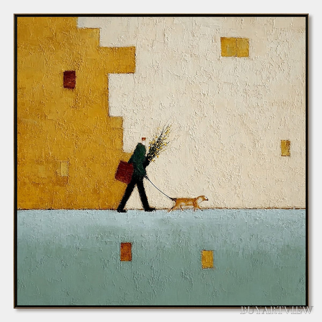 ARTOVITAS Urban Stroll – Textured Minimalist Cityscape Painting of a Person Walking a Dog - image 1
