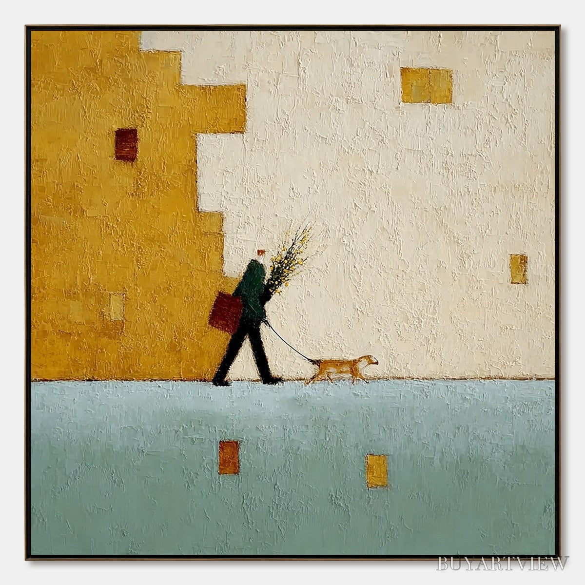 ARTOVITAS Urban Stroll – Textured Minimalist Cityscape Painting of a Person Walking a Dog - image 1