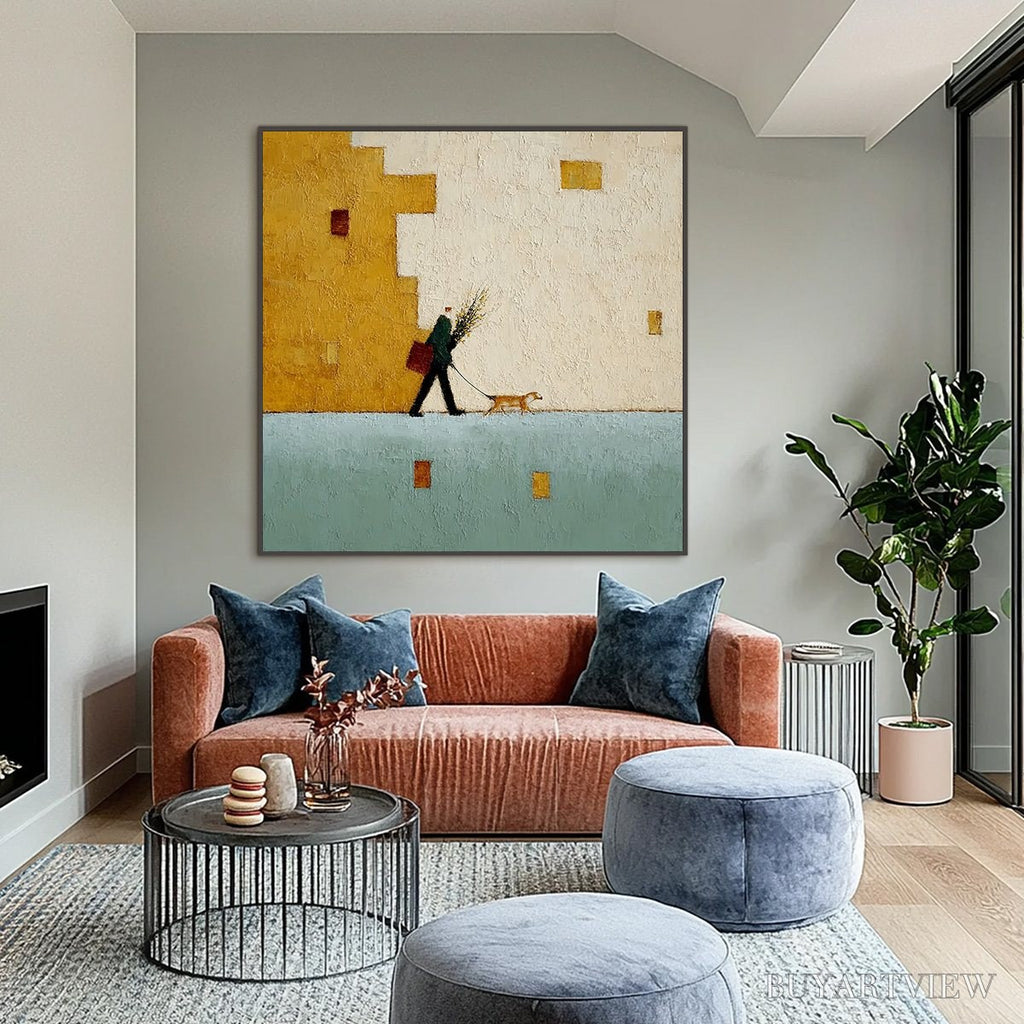 ARTOVITAS Urban Stroll – Textured Minimalist Cityscape Painting of a Person Walking a Dog - image 2