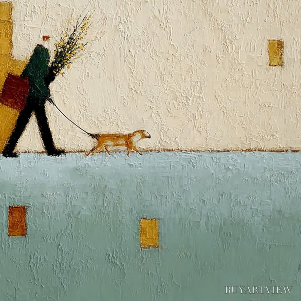 ARTOVITAS Urban Stroll – Textured Minimalist Cityscape Painting of a Person Walking a Dog - image 3
