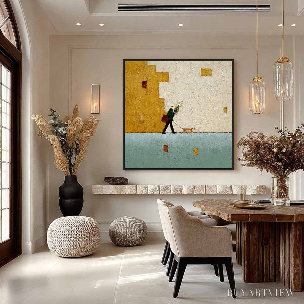 ARTOVITAS Urban Stroll – Textured Minimalist Cityscape Painting of a Person Walking a Dog - image 4