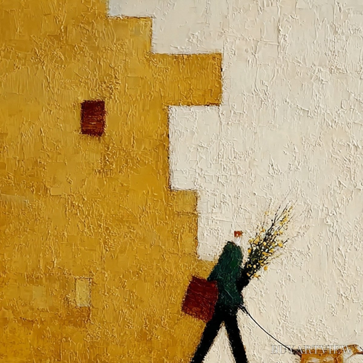 ARTOVITAS Urban Stroll – Textured Minimalist Cityscape Painting of a Person Walking a Dog - image 5