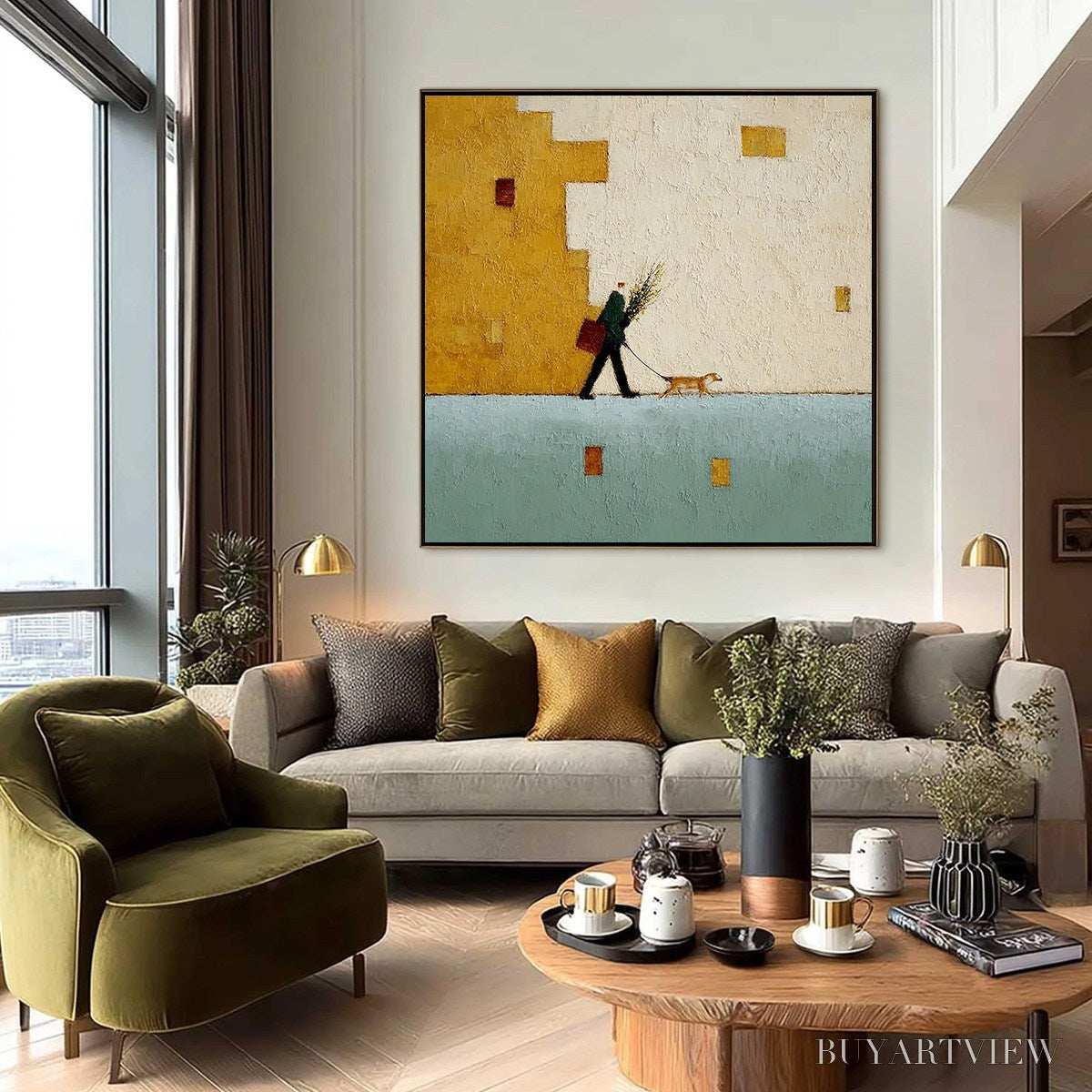 ARTOVITAS Urban Stroll – Textured Minimalist Cityscape Painting of a Person Walking a Dog - image 6
