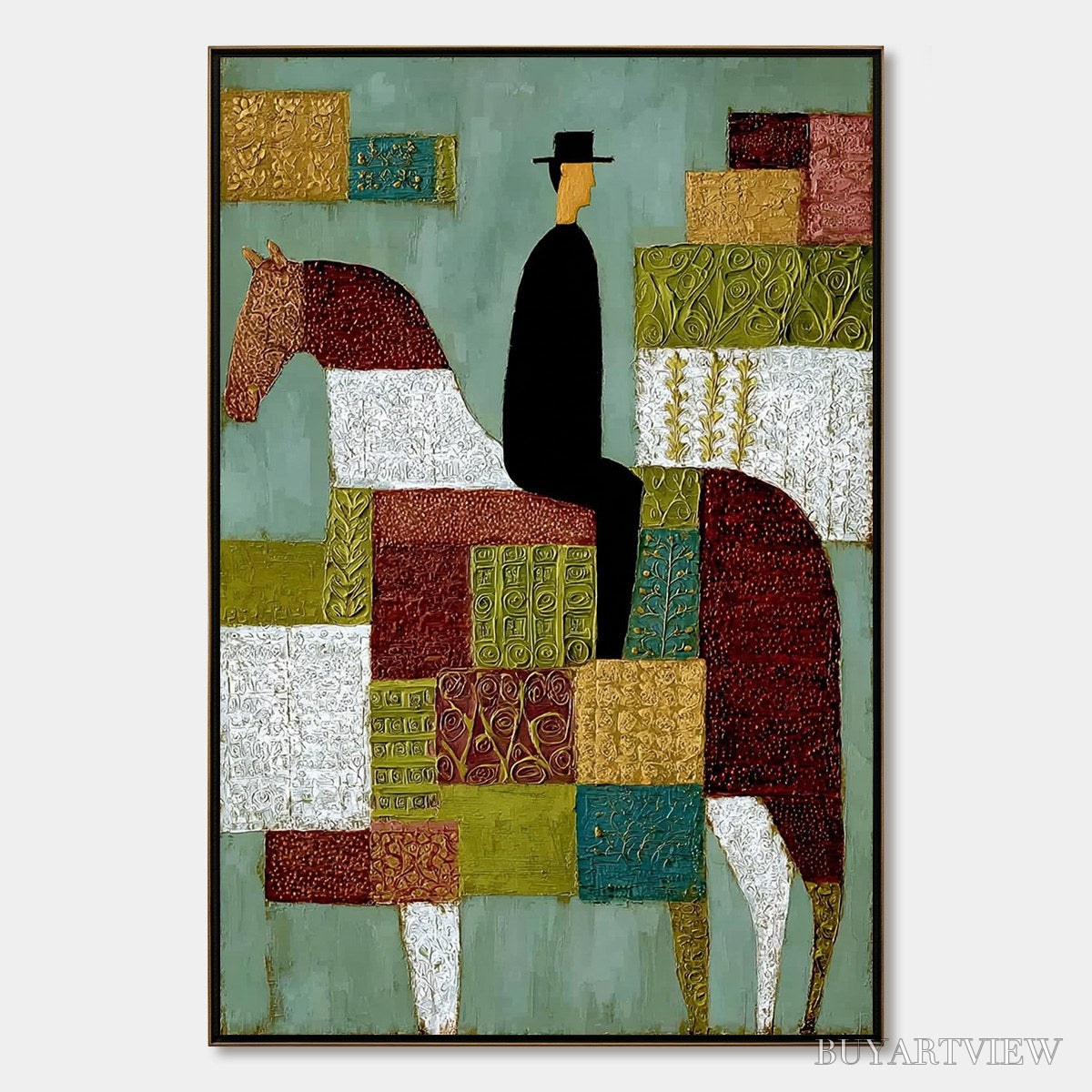 ARTOVITAS the Patchwork Rider – Textured Figurative Painting of a Man on a Horse - image 1