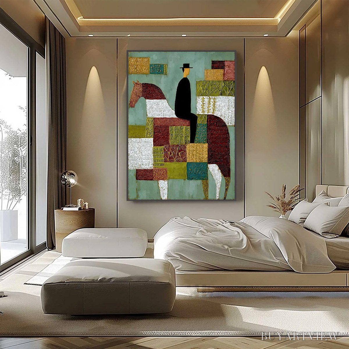 ARTOVITAS the Patchwork Rider – Textured Figurative Painting of a Man on a Horse - image 2