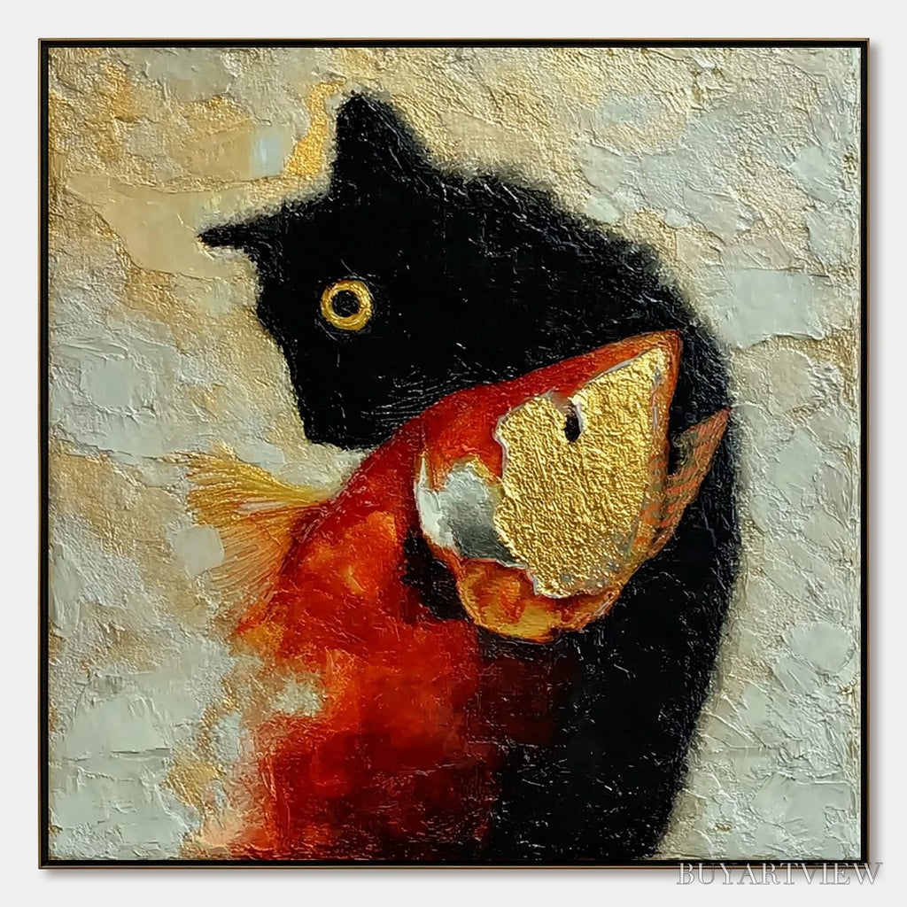 ARTOVITAS the Golden Catch – Textured Impasto Painting of a Cat and Fish - image 1