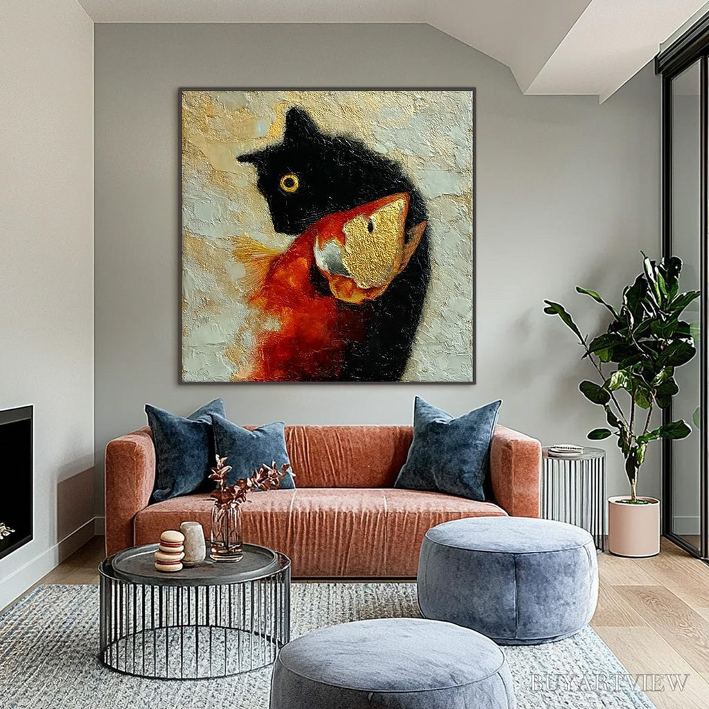 ARTOVITAS the Golden Catch – Textured Impasto Painting of a Cat and Fish - image 2