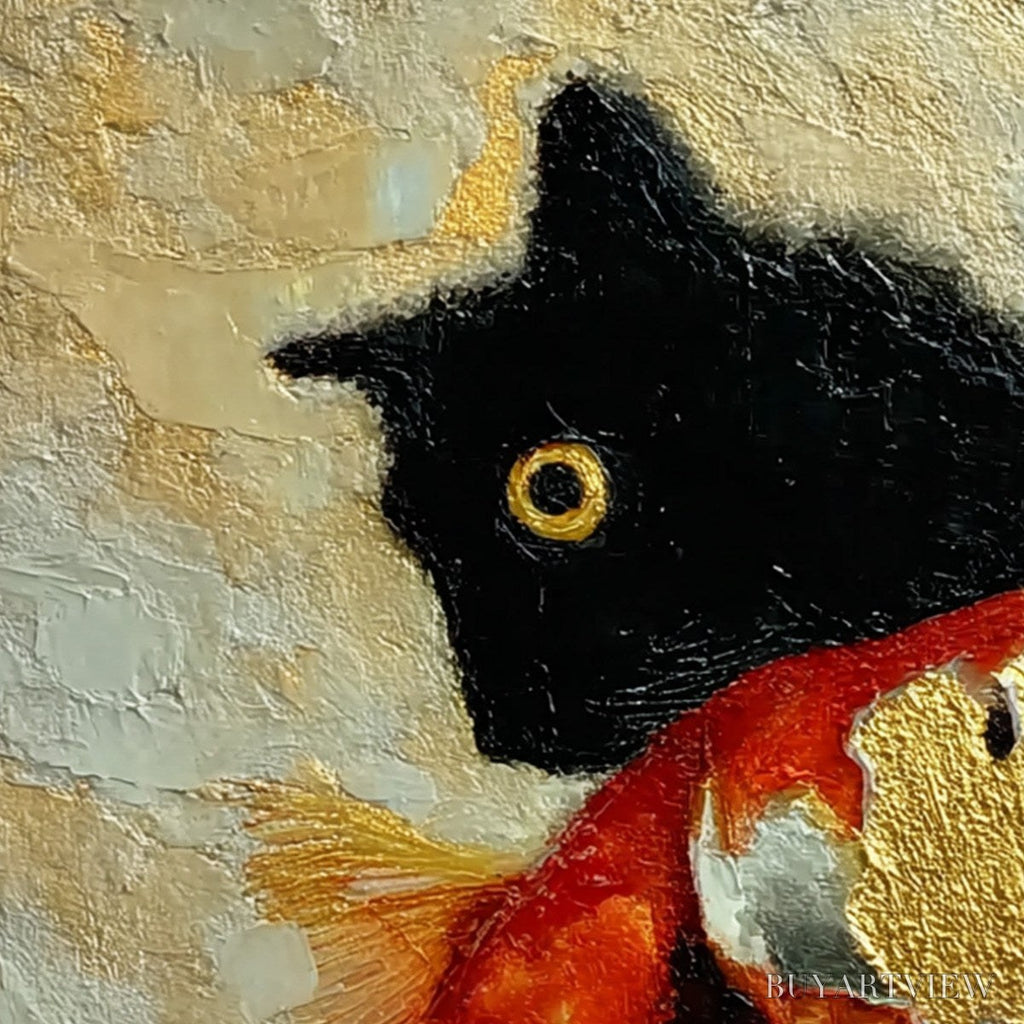ARTOVITAS the Golden Catch – Textured Impasto Painting of a Cat and Fish - image 3