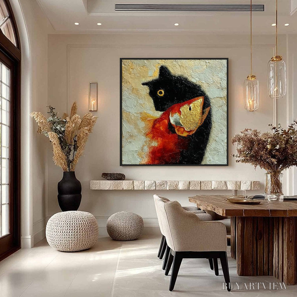 ARTOVITAS the Golden Catch – Textured Impasto Painting of a Cat and Fish - image 4