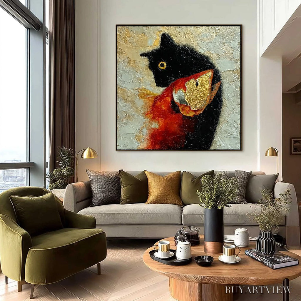 ARTOVITAS the Golden Catch – Textured Impasto Painting of a Cat and Fish - image 6